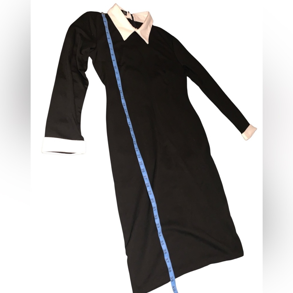 Elegant Black Long Sleeve Dress with turn down collar and white cuffs Wednesday - Picture 4 of 10
